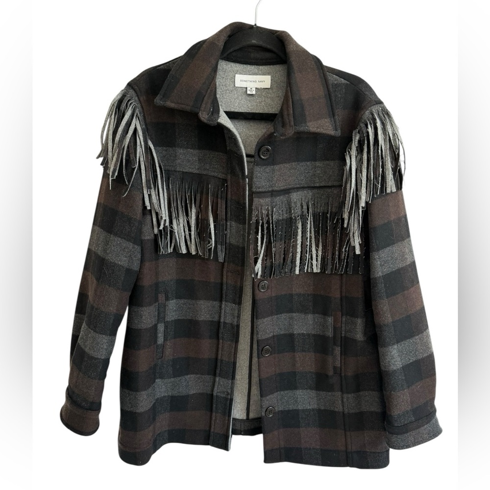 Something Navy Charcoal Combo Plaid Fringe Shacket Size Medium Women
